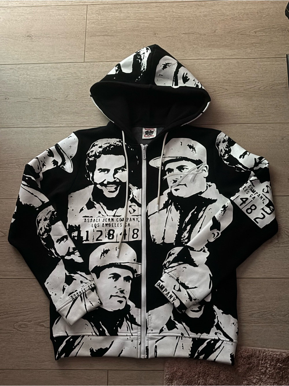 Men's Black & White Graphic Zip Front Hoodie Jacket